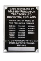 Typeplaatje Massey Ferguson 65. 1958-63