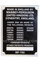 Typeplaatje Massey Ferguson 65. 1963-64