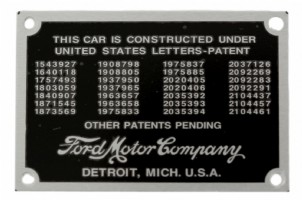 Ford V8 patent Data plate 