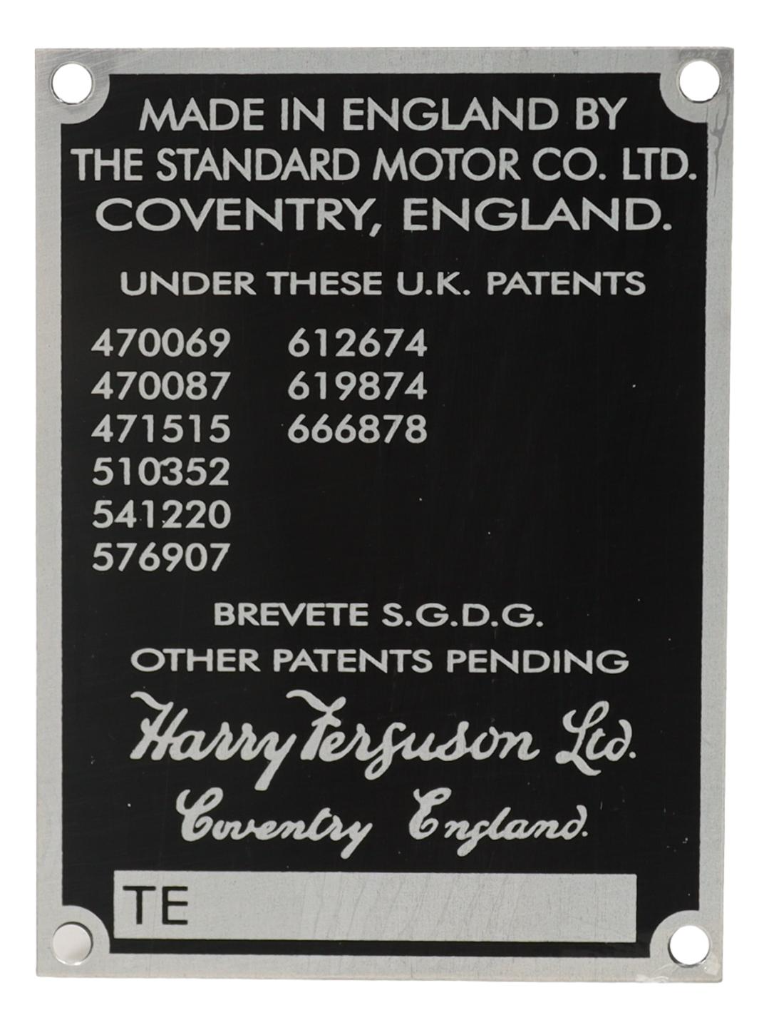 Typeplaatje Ferguson TE20 1947-54