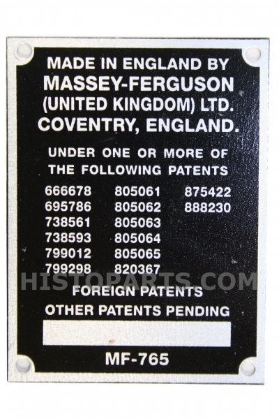Typeplaatje Massey Ferguson 65. 1963-64