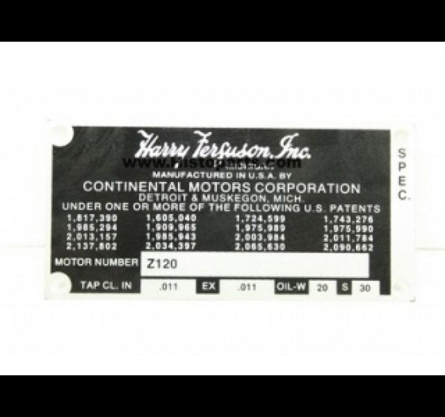 Engine serial plate, Ferguson TE20 with Continental Z120 engine