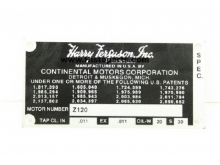 Engine serial plate, Ferguson TE20 with Continental Z120 engine