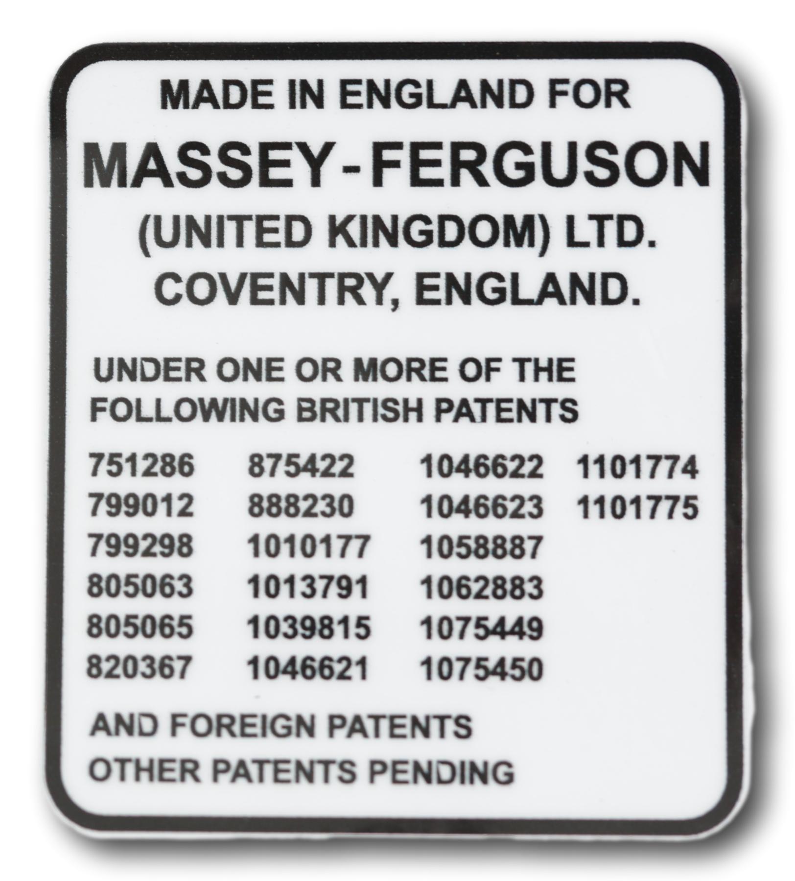 Pattent pending decal Massey Ferguson