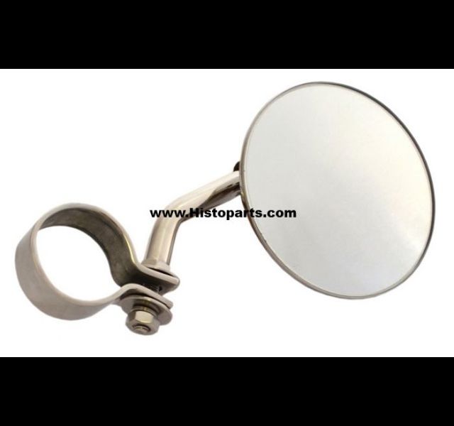 Round rear view mirror and clamp. Fits on silencer