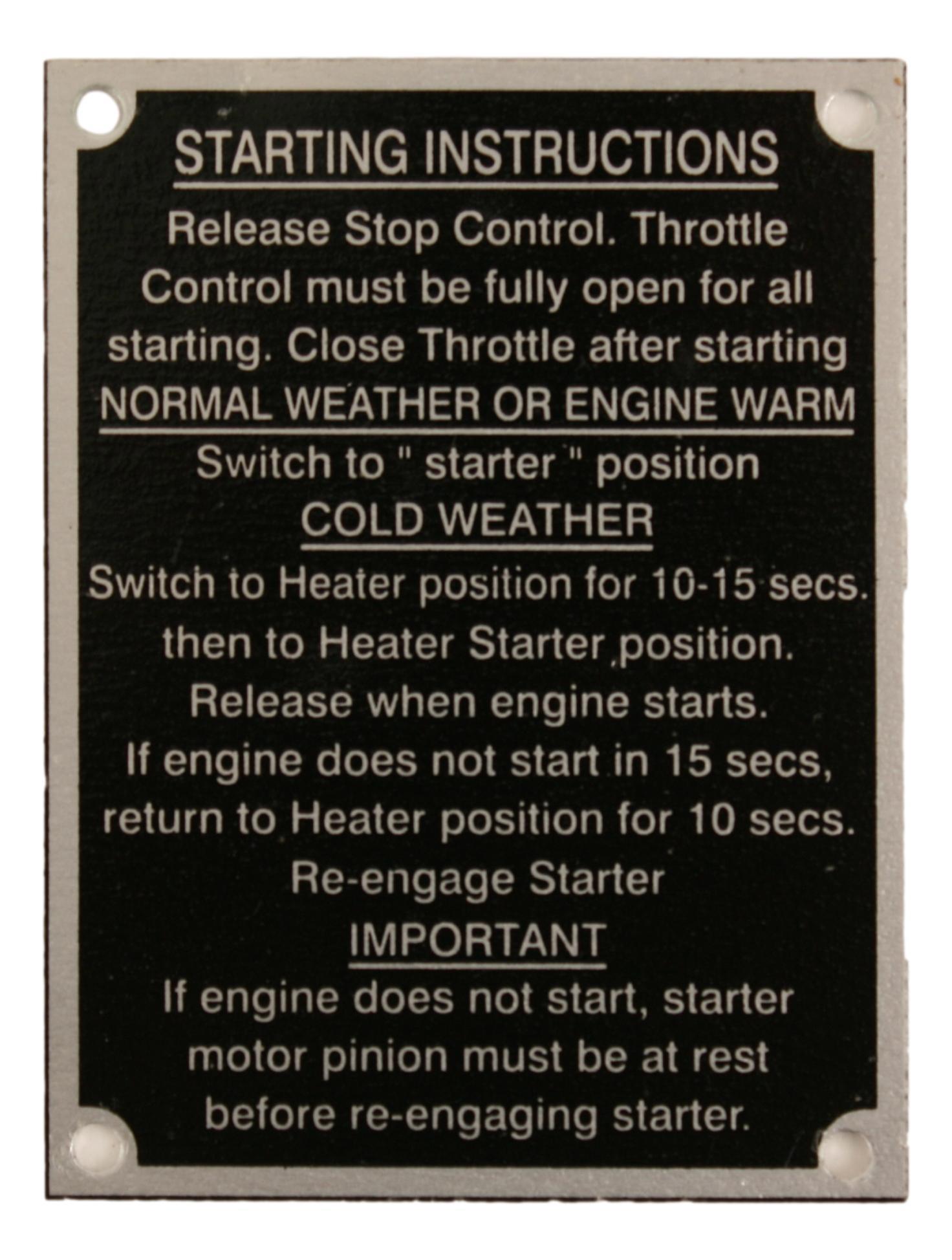 Starting Instruction Plate - MF165 (From 1965)
