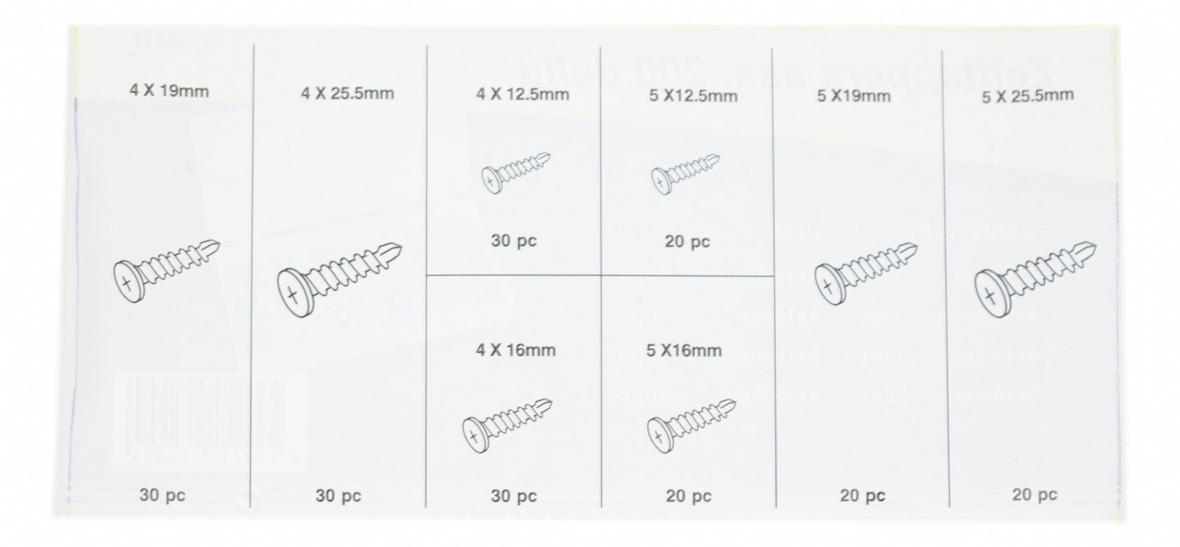 Zelftapper Assortiment box. 200 delig Histoparts